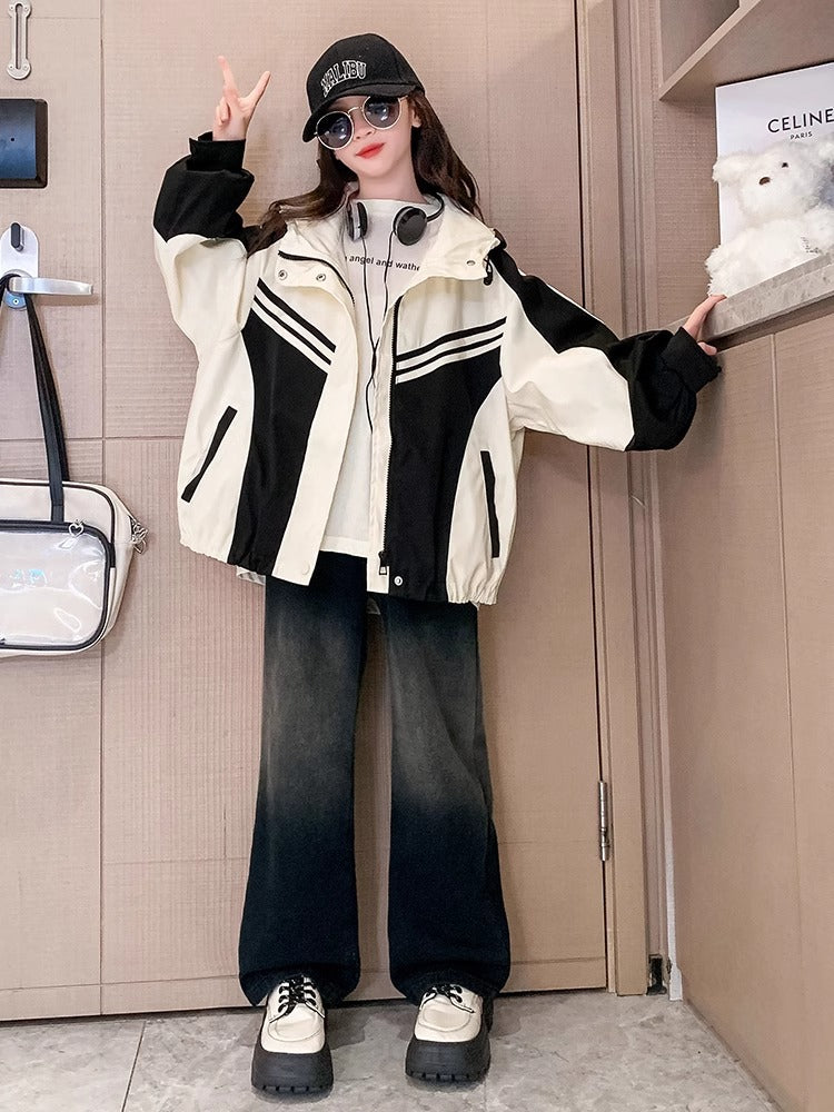 Girls Hooded Windbreaker Jacket Casual Spring Outerwear