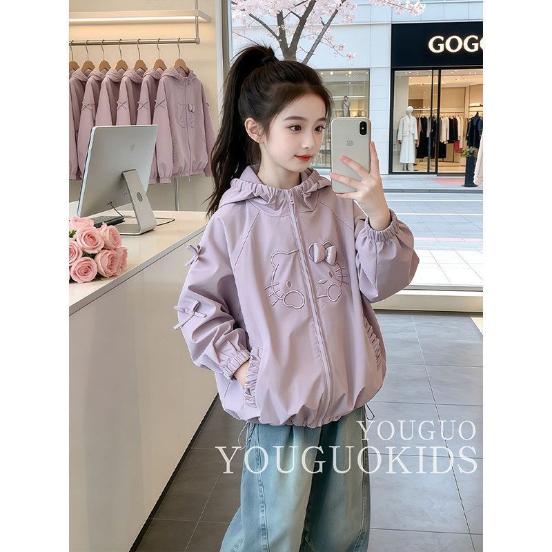 Girls Hooded Casual Spring Jacket Embroidered Cat Coat