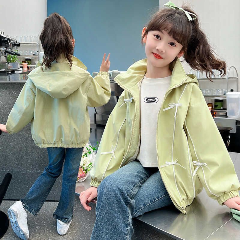 Girls Sweet Bow Detail Windbreaker Jacket Autumn Coat
