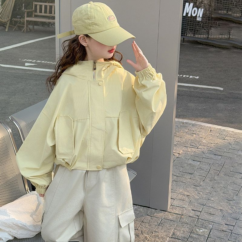 Girls Hooded Solid Color Windbreaker Jacket Spring Coat