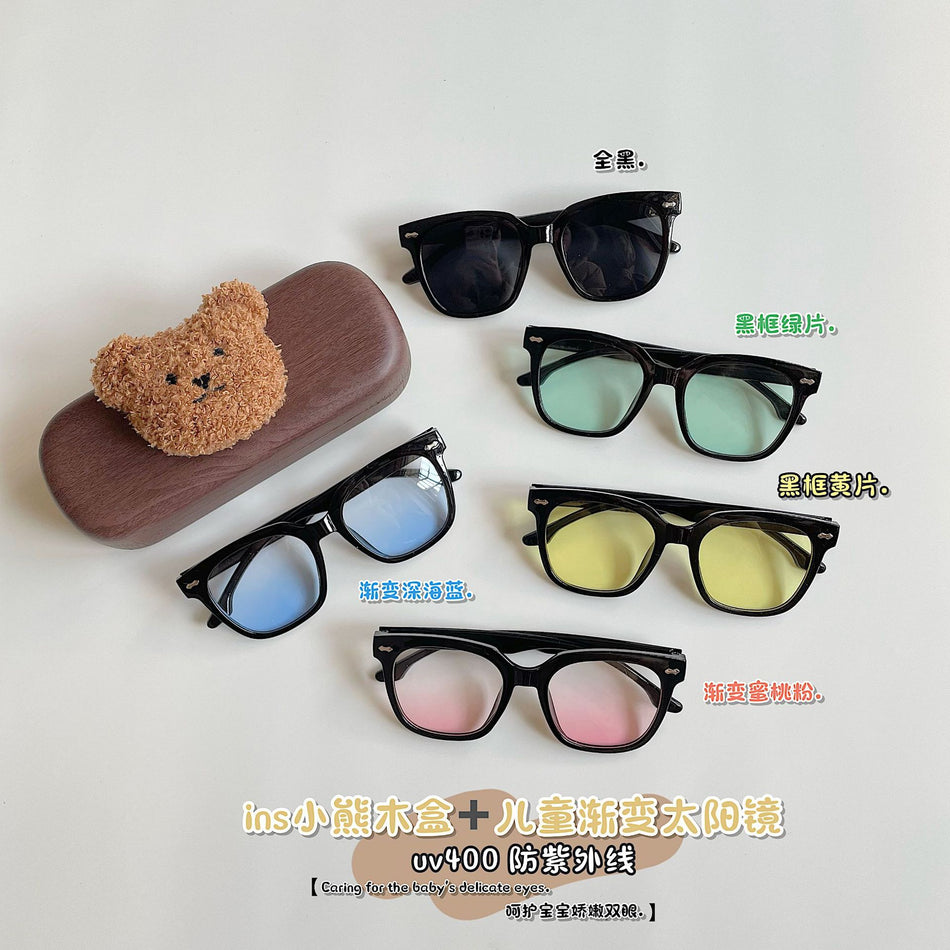 Kids Gradient UV400 Sunglasses Bear Wooden Box Set