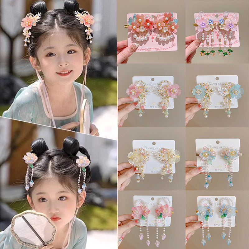 Girls Floral Hanfu Hairpin Elegant Tassel Princess Headpiece