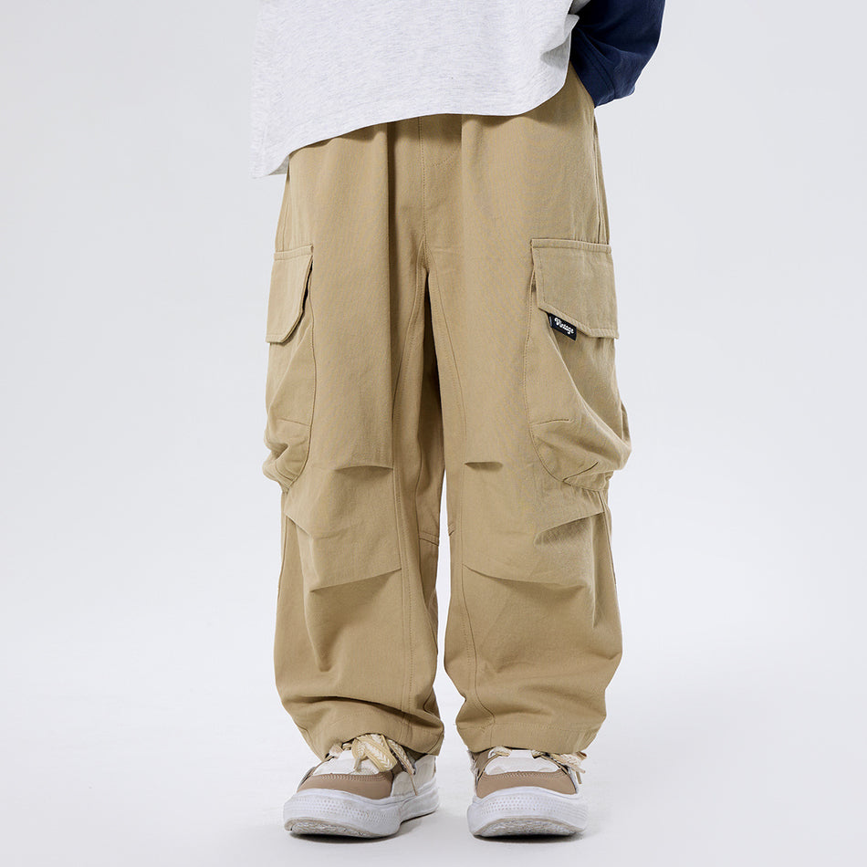 Boys Cotton Cargo Pants Loose Fit Straight Leg Trousers