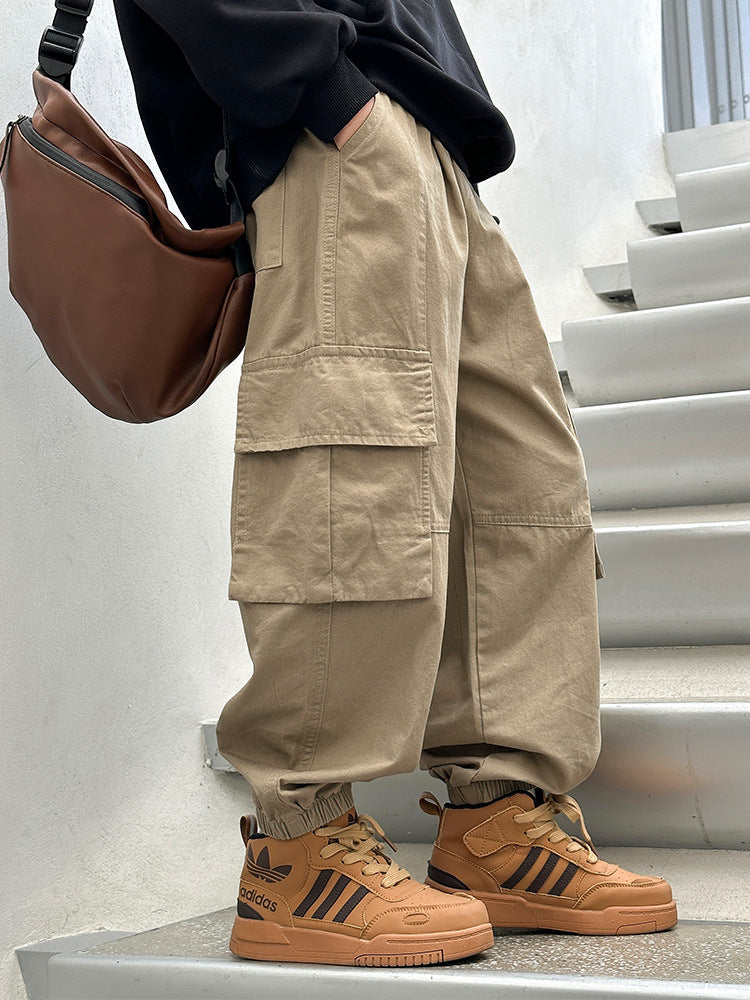 Boys Cotton Cargo Pants Loose Fit Utility Pocket Trousers