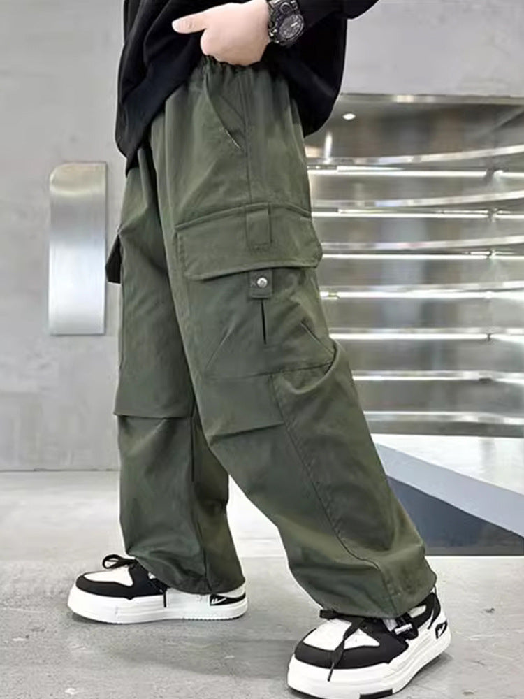 Boys Cotton Cargo Pants Wide Leg Casual Jogger Trousers
