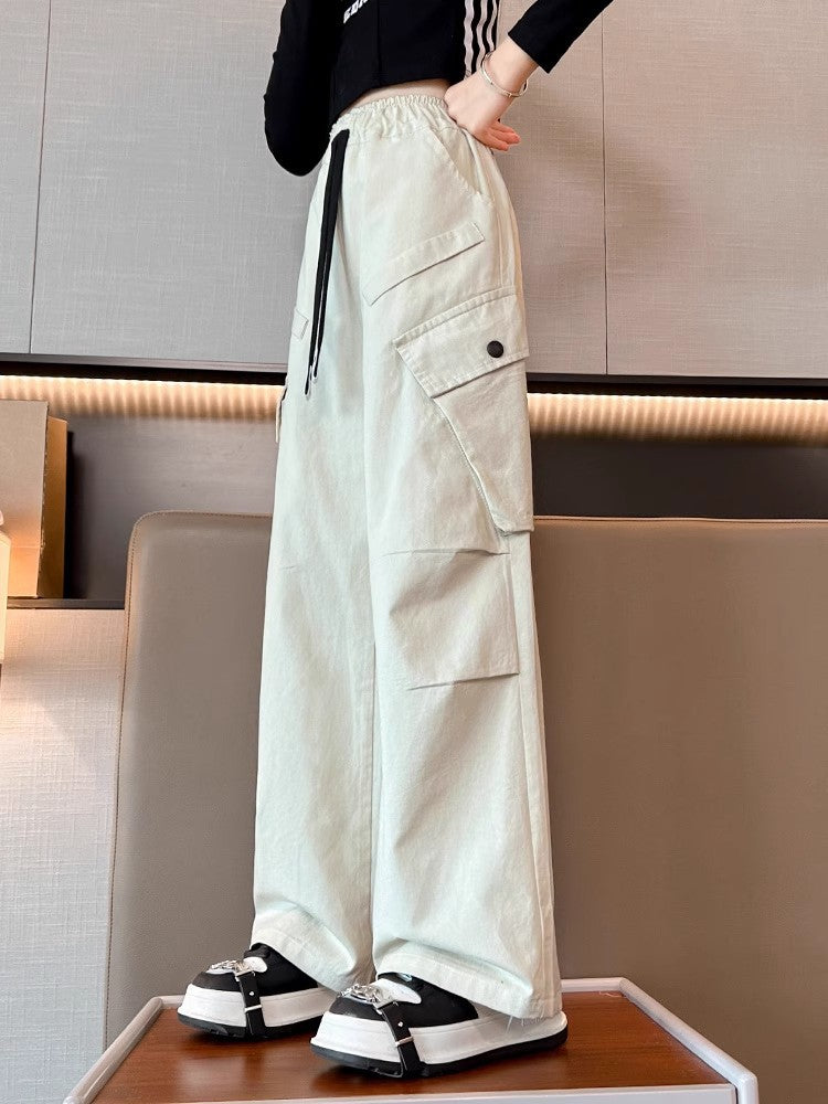 Girls Cotton Cargo Pants Wide Leg High Waist Trousers