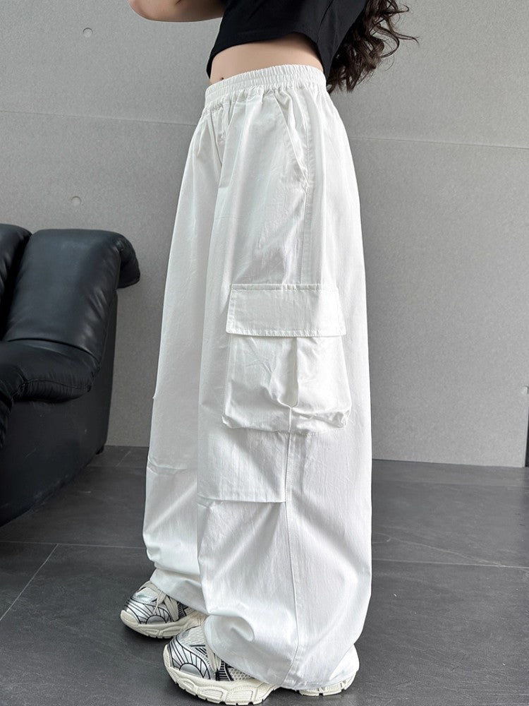 Girls Washed Cotton Cargo Pants Wide Leg Casual Trousers