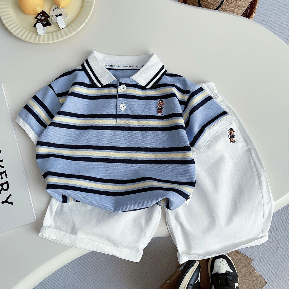 Kids Contrast Polo Collar Short Set Summer Outfit