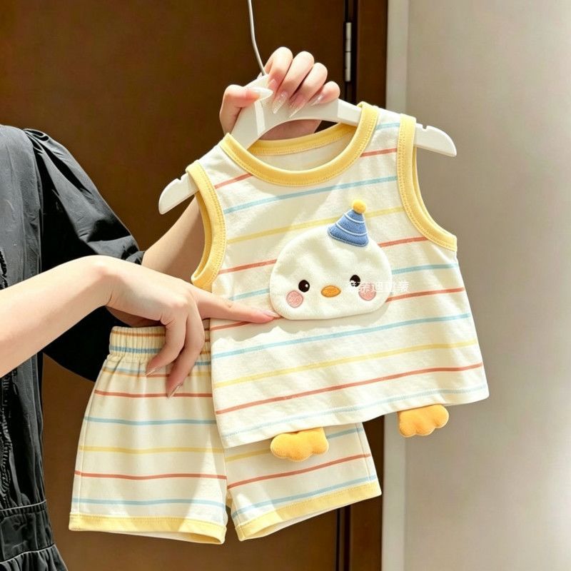 Kids 3D Cartoon Stripe Sleeveless Top and Shorts Set