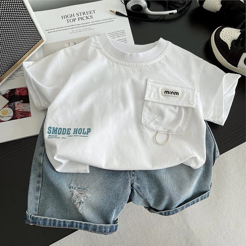 Kids Letter Print Short Sleeve T-Shirt and Pocket Pants Set