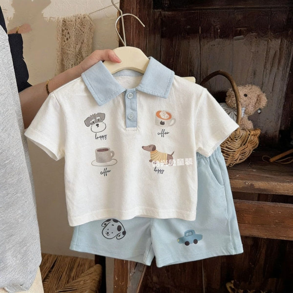 Kids Lapel Polo Shirt and Shorts Summer Set