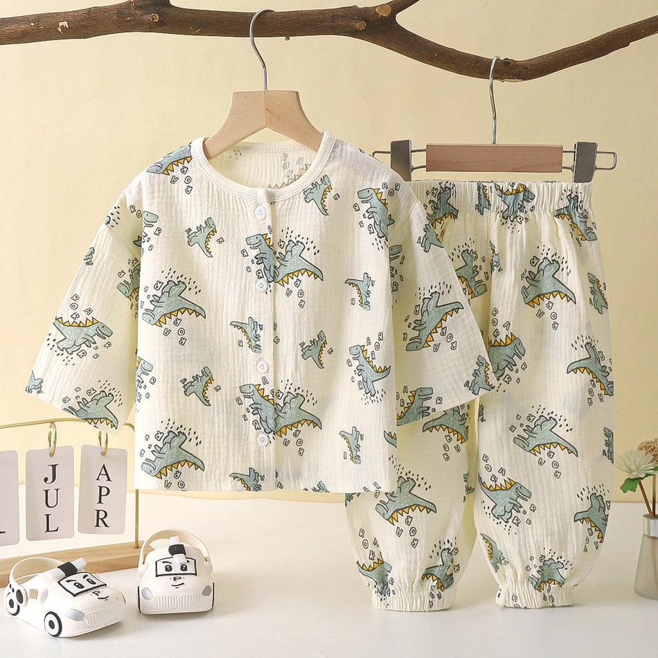 Kids Double Layer Cotton Gauze Pajama Set Long Sleeve