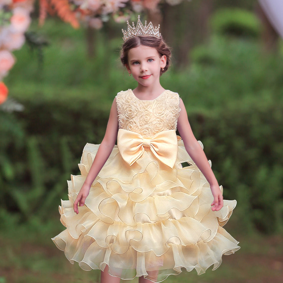 Kids Rose Flower Girl Wedding Princess Dress Elegant Gown