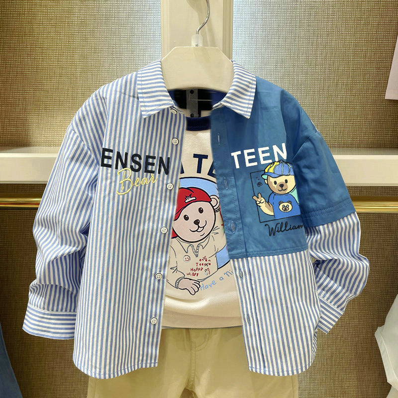 Bear Cartoon Striped Lapel Shirt Jacket for Boys