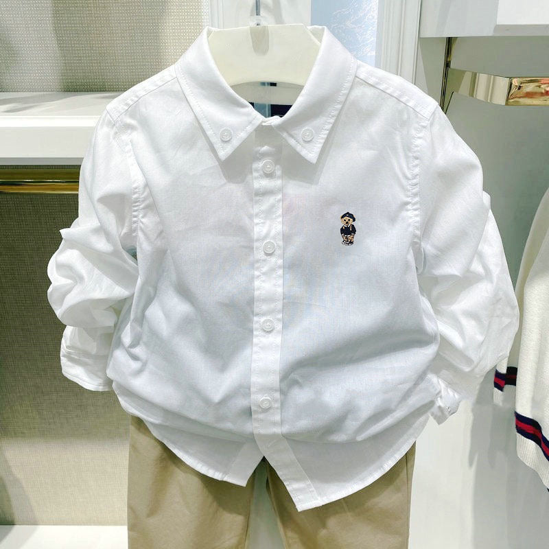 Boys Korean Style Bear Embroidered White Long Sleeve Shirt