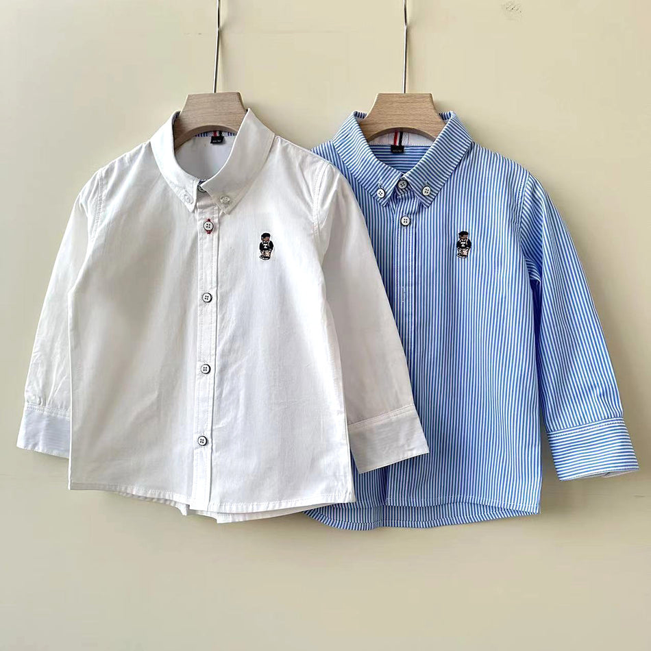 Boys Striped Cartoon Long Sleeve White Shirt for Spring Autumn