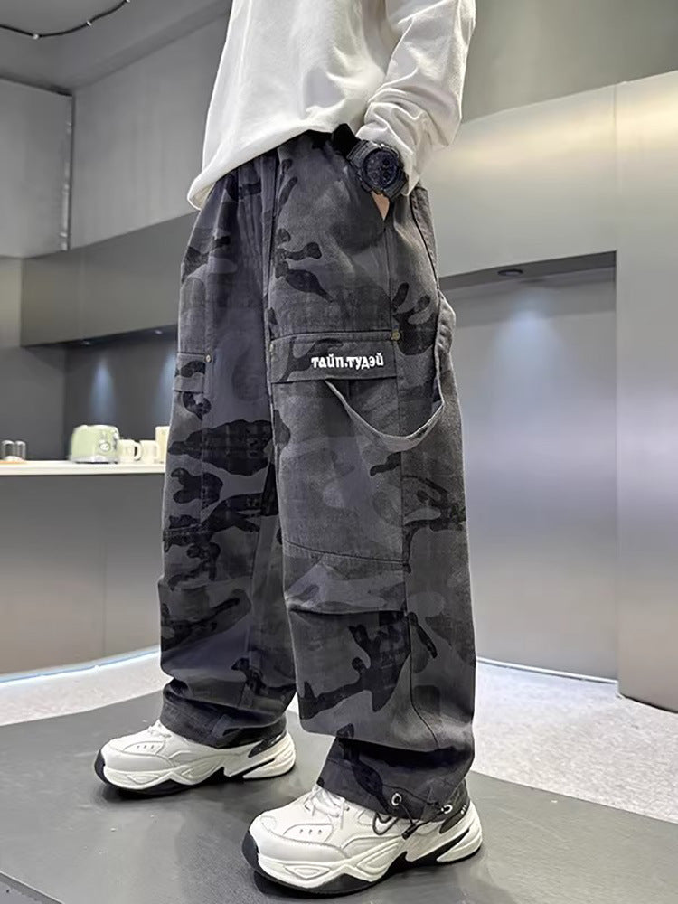 Boys Camouflage Cargo Pants Washed Cotton Straight Fit Trousers