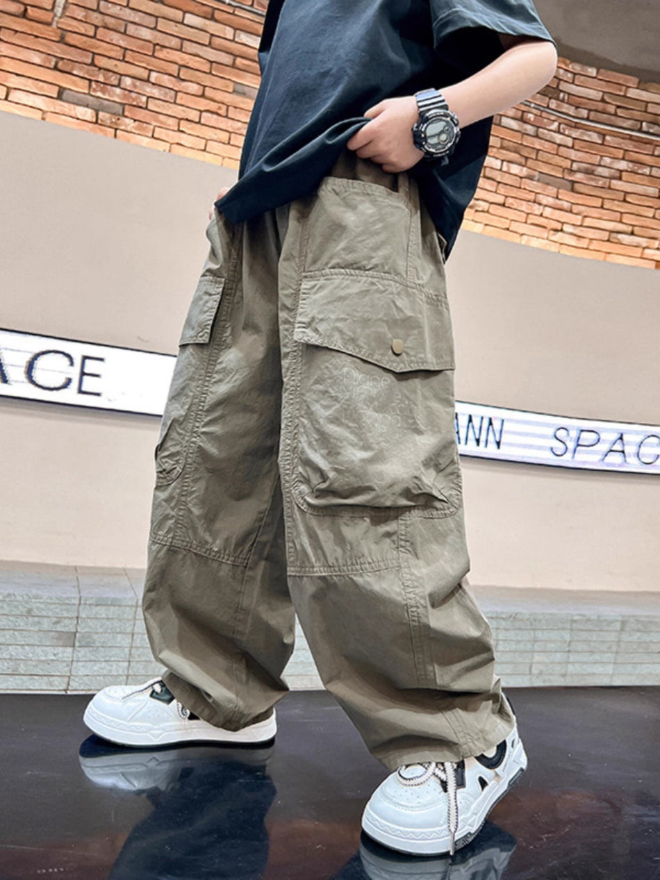 Boys Wide Leg Cargo Pants Lightweight Casual Straight Trousers