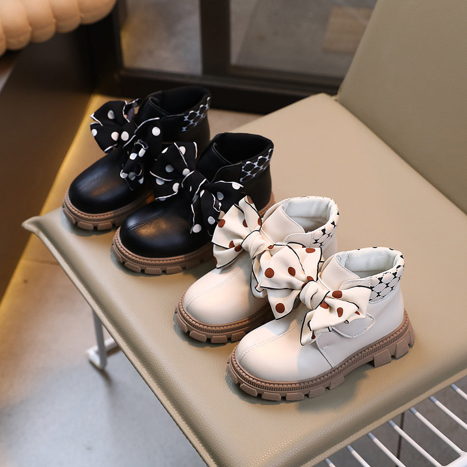 Girls Bow Martin Boots with Velcro Closure and Lightweight Sole