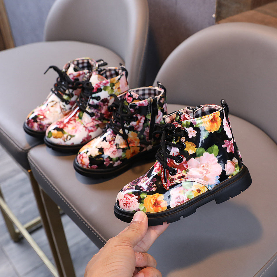 Kids Floral Patent Leather Martin Boots with Side Zip Closure