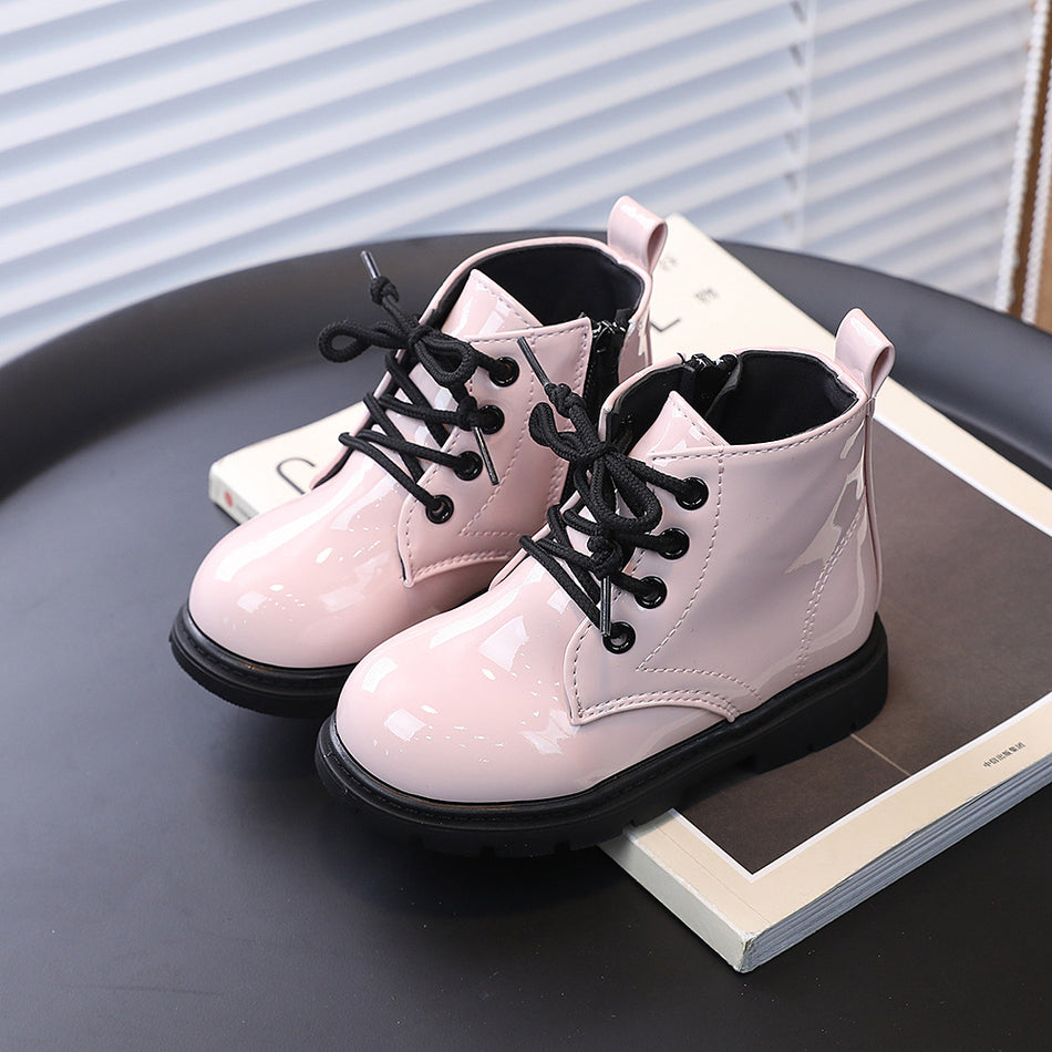 Kids British Style Martin Boots with Side Zip and Lace Detail