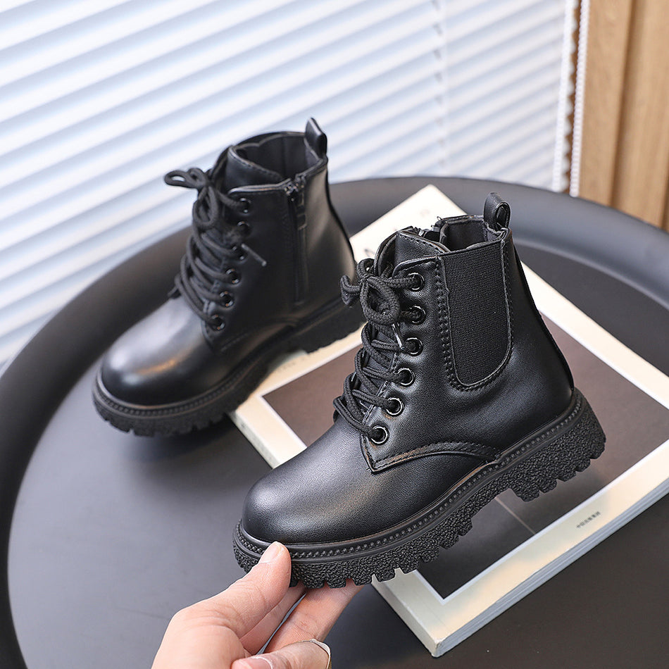 Kids British Style Martin Boots with Side Zip and Lace Design