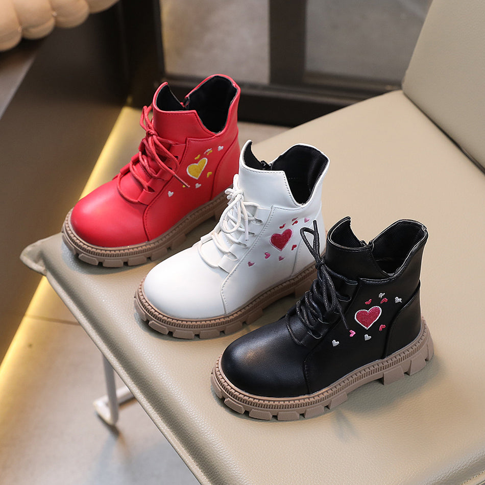 Girls British Style Martin Boots with Heart Detail and Side Zip