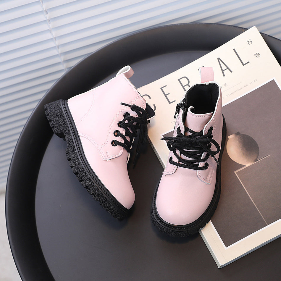Kids Korean Style Martin Boots with Side Zip and Lace Detail