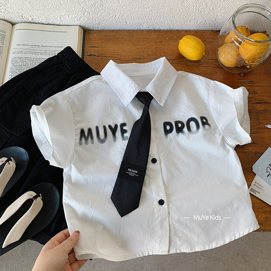 Kids Cotton Lapel Shirt T-Shirt with Tie Accent