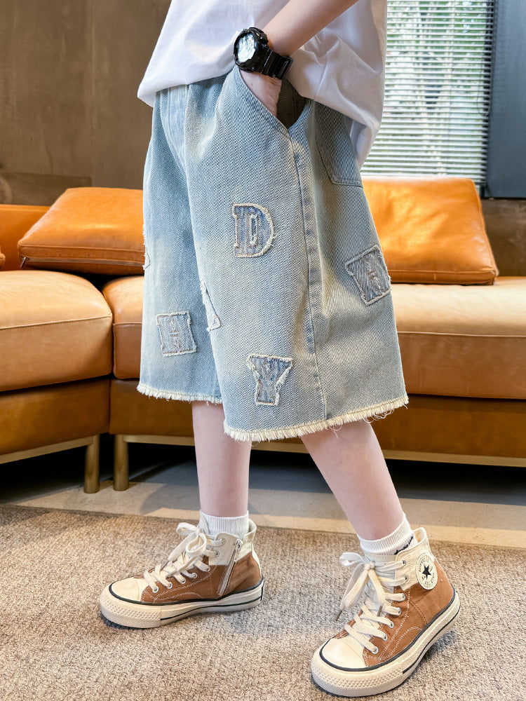Boys Cotton Denim Summer Mid-Length Casual Stretch Pants
