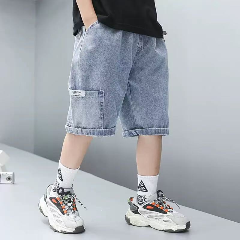 Boys Cotton Denim Summer Mid Length Casual Elastic Waist Shorts