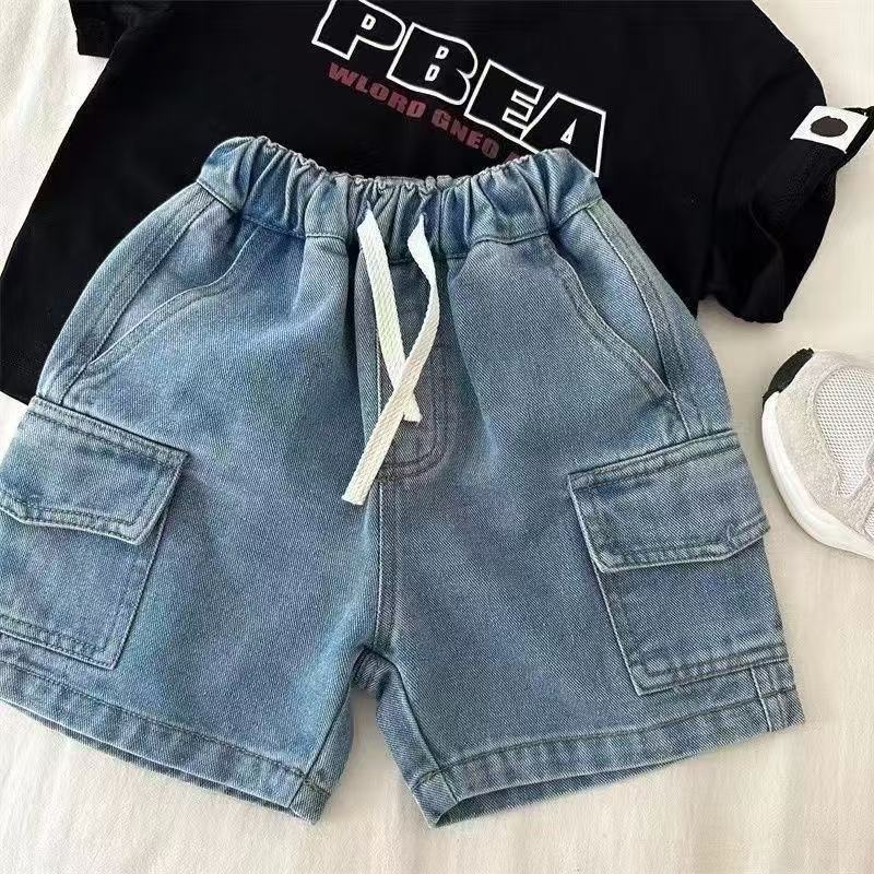 Boys Cotton Denim Summer Mid Length Casual Elastic Waist Shorts