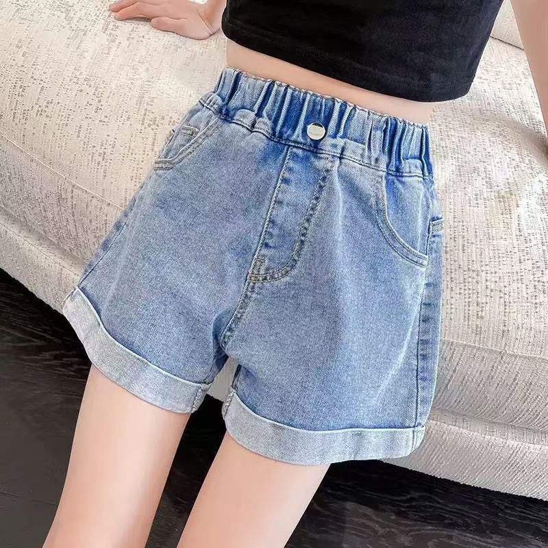 Girls Cotton Denim Summer Embroidered Casual Elastic Waist Shorts