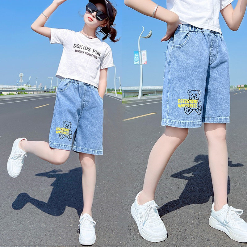 Girls Cotton Denim Mid Length Casual Summer Elastic Waist Pants