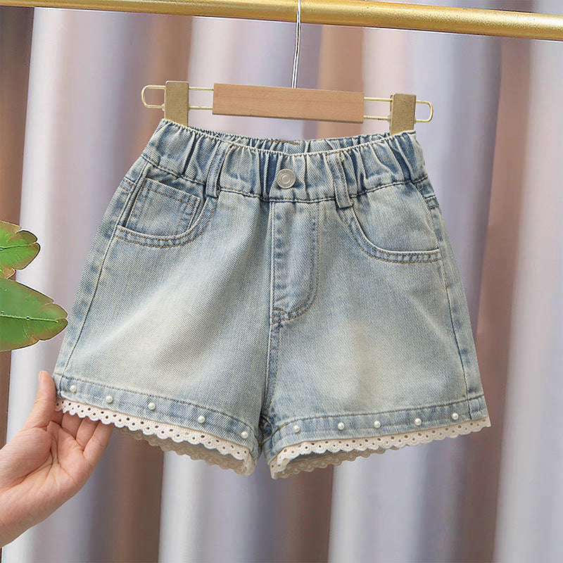Girls Lace Denim Summer High Waist Casual Thin Shorts