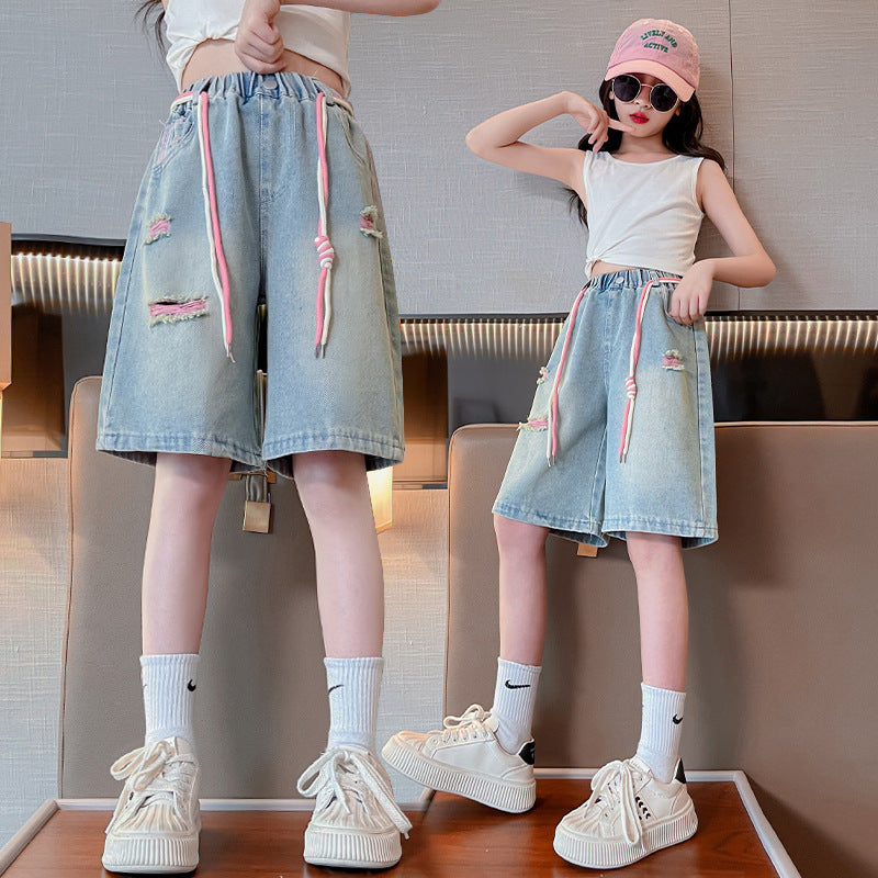 Girls Denim High Waist Loose Fit Summer Casual Mid Shorts