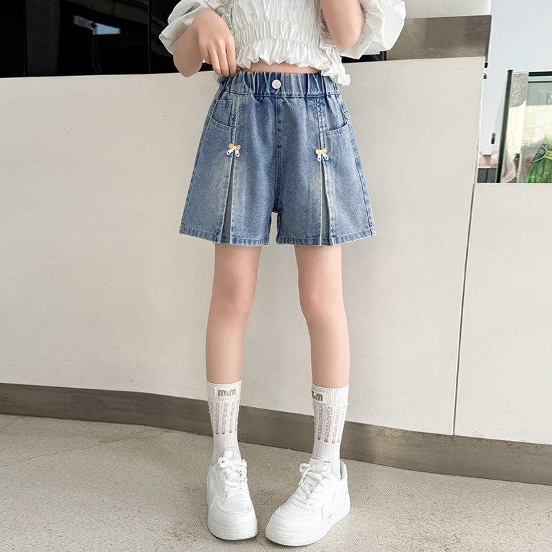 Girls High Waist Denim Summer Casual Thin Bow Shorts