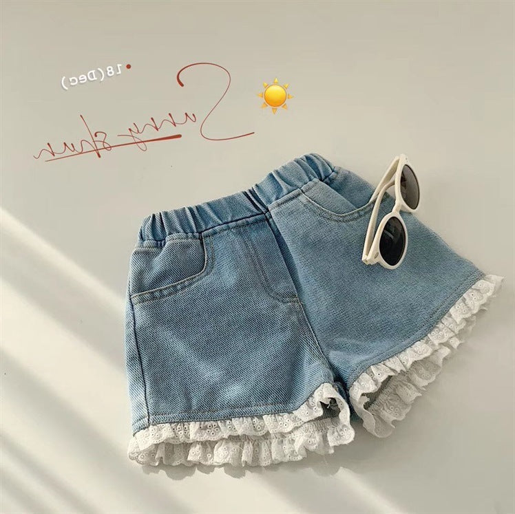 Girls Cotton Denim Lace Trim Summer Casual Soft Shorts