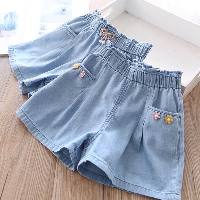 Girls Cotton Lace Bow Denim Summer High Waist Casual Shorts