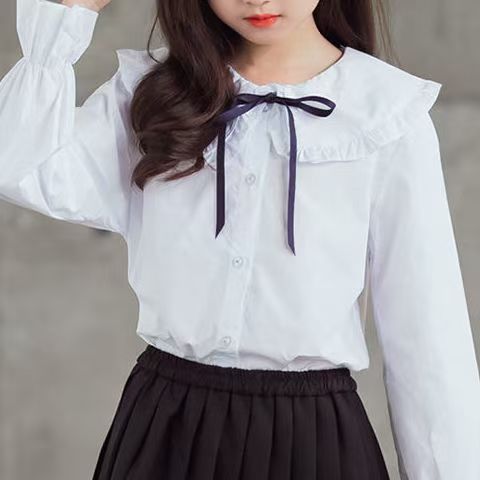 Girls Lace Collar White Shirt Long Sleeve Elegant Casual Top
