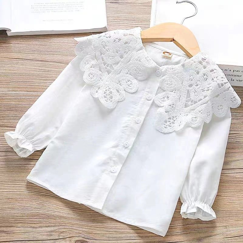 Girls Lace White Shirt Long Sleeve Casual Everyday Top