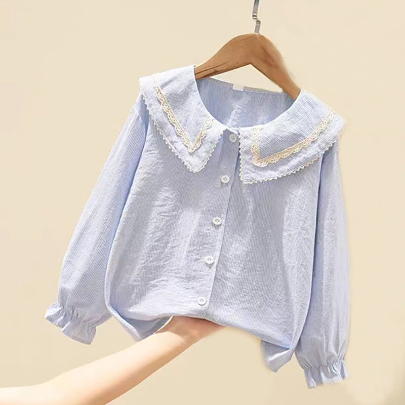 Girls Cotton Stripe Lace Collar Shirt Long Sleeve Casual Top