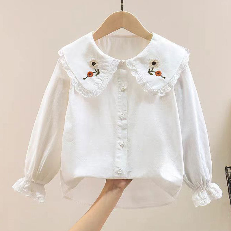 Girls Cotton Embroidered Collar Shirt Long Sleeve White Top