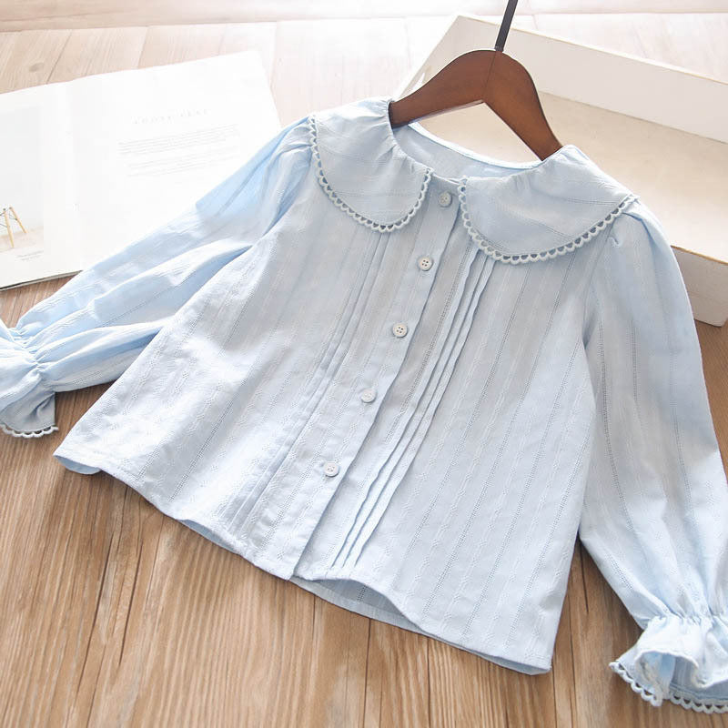 Girls Doll Collar Cotton Shirt Long Sleeve Princess Top