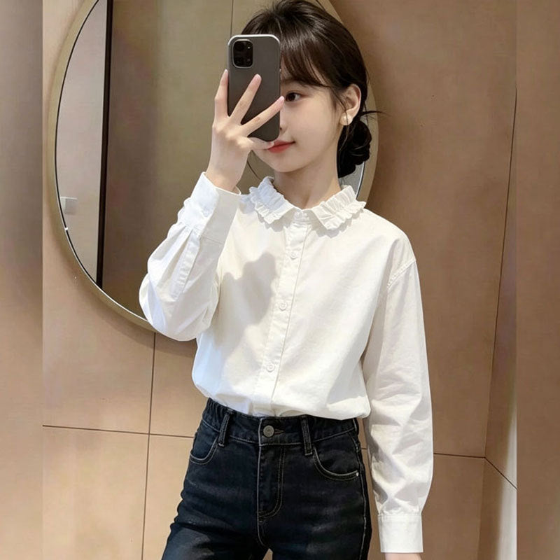 Girls Pure Cotton White Shirt Long Sleeve Casual Base Top