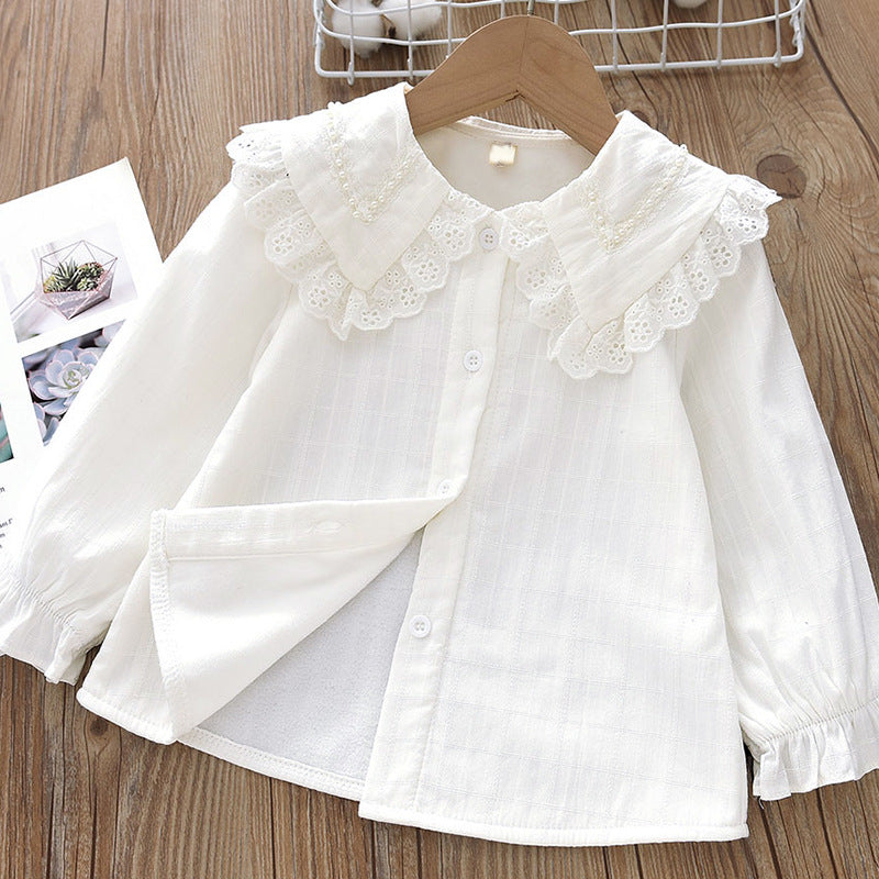 Girls Lace Doll Collar Cotton Shirt Long Sleeve Casual Top