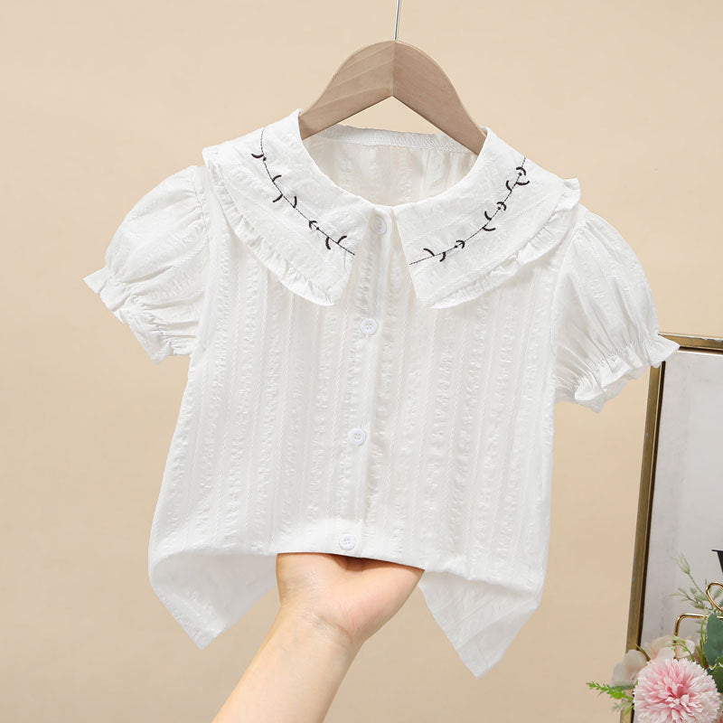 Girls Cotton Doll Collar White Shirt Short Sleeve School Top