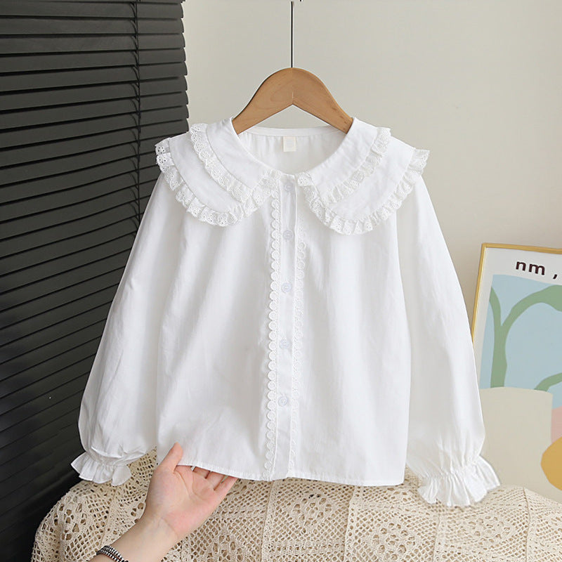 Girls Cotton Doll Collar Shirt Long Sleeve Elegant White Top