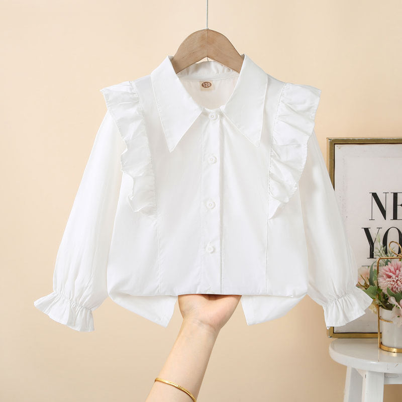 Girls Cotton Doll Collar White Shirt Long Sleeve Casual Top