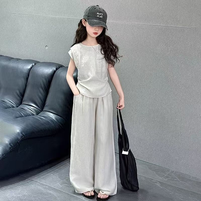 Girls Casual Wide-Leg Pants Two-Piece Outfit Set